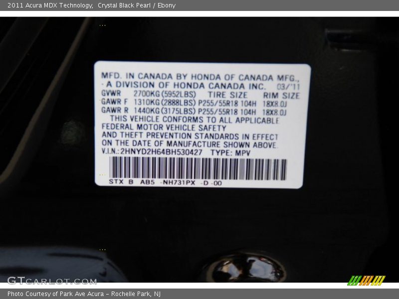 Crystal Black Pearl / Ebony 2011 Acura MDX Technology