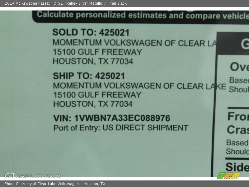 Reflex Silver Metallic / Titan Black 2014 Volkswagen Passat TDI SE