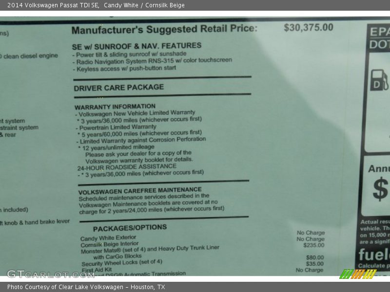 Candy White / Cornsilk Beige 2014 Volkswagen Passat TDI SE