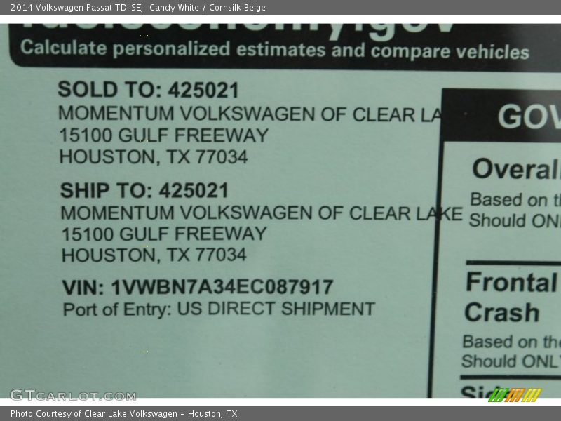 Candy White / Cornsilk Beige 2014 Volkswagen Passat TDI SE