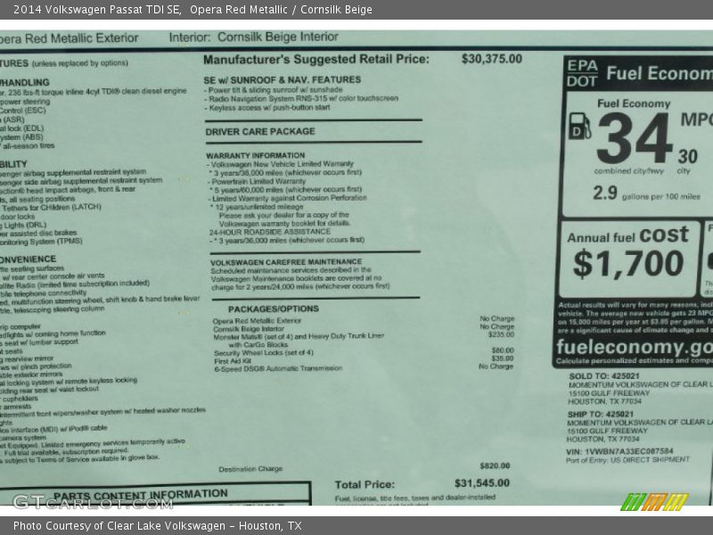 Opera Red Metallic / Cornsilk Beige 2014 Volkswagen Passat TDI SE