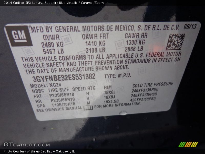 Sapphire Blue Metallic / Caramel/Ebony 2014 Cadillac SRX Luxury