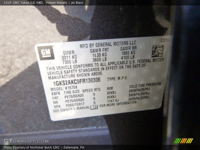 Info Tag of 2015 Yukon SLE 4WD