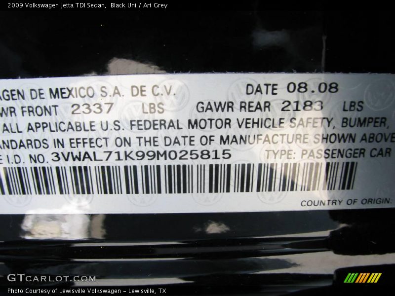 Black Uni / Art Grey 2009 Volkswagen Jetta TDI Sedan