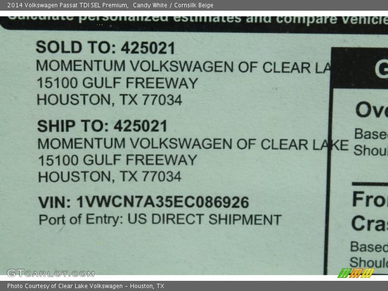 Candy White / Cornsilk Beige 2014 Volkswagen Passat TDI SEL Premium