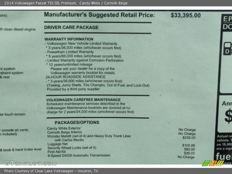 Candy White / Cornsilk Beige 2014 Volkswagen Passat TDI SEL Premium