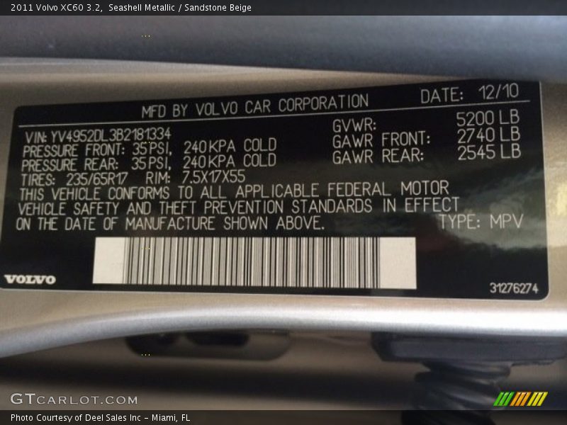 Seashell Metallic / Sandstone Beige 2011 Volvo XC60 3.2
