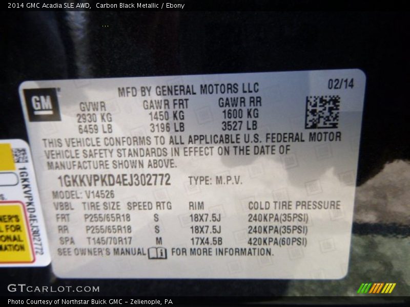 Carbon Black Metallic / Ebony 2014 GMC Acadia SLE AWD