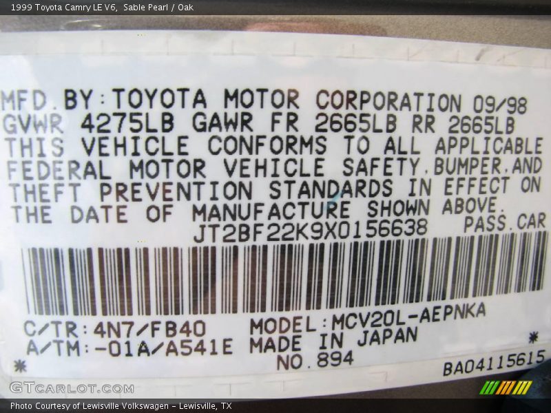 Sable Pearl / Oak 1999 Toyota Camry LE V6