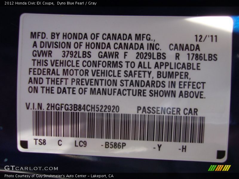 Dyno Blue Pearl / Gray 2012 Honda Civic EX Coupe