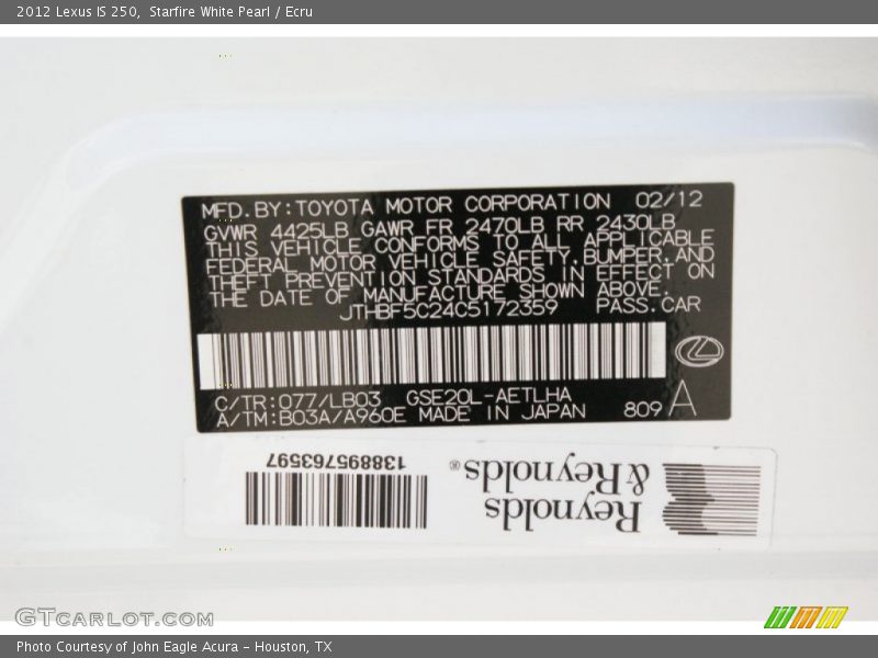 Starfire White Pearl / Ecru 2012 Lexus IS 250