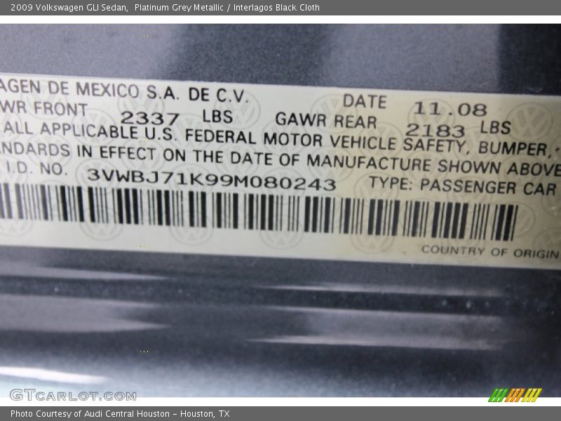 Platinum Grey Metallic / Interlagos Black Cloth 2009 Volkswagen GLI Sedan