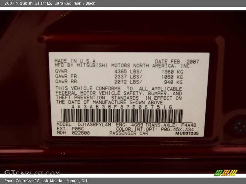 Ultra Red Pearl / Black 2007 Mitsubishi Galant ES