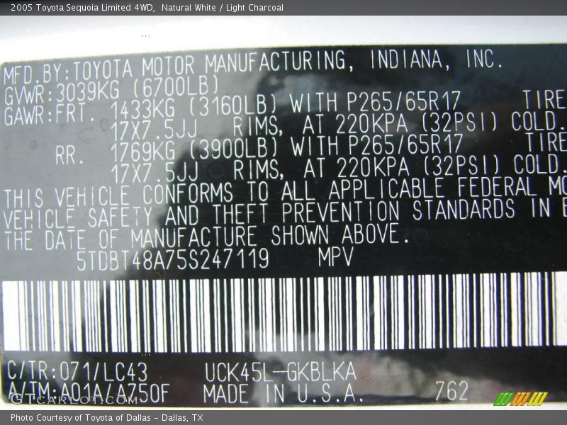 Natural White / Light Charcoal 2005 Toyota Sequoia Limited 4WD