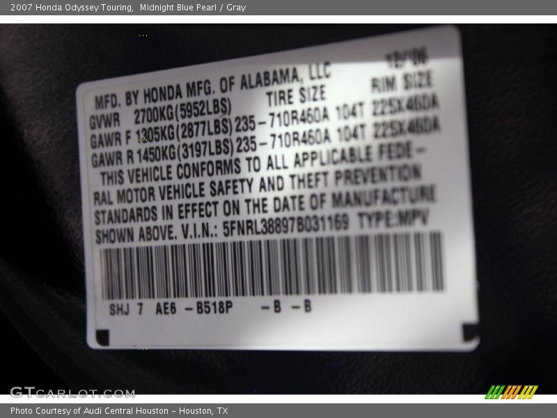 Midnight Blue Pearl / Gray 2007 Honda Odyssey Touring