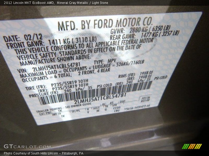 Mineral Gray Metallic / Light Stone 2012 Lincoln MKT EcoBoost AWD