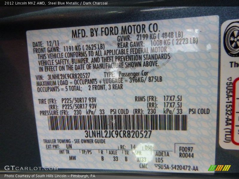 Steel Blue Metallic / Dark Charcoal 2012 Lincoln MKZ AWD