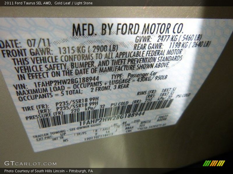 Gold Leaf / Light Stone 2011 Ford Taurus SEL AWD