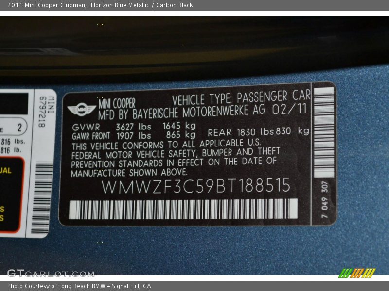 Horizon Blue Metallic / Carbon Black 2011 Mini Cooper Clubman
