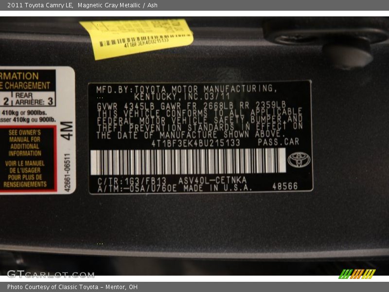 Magnetic Gray Metallic / Ash 2011 Toyota Camry LE