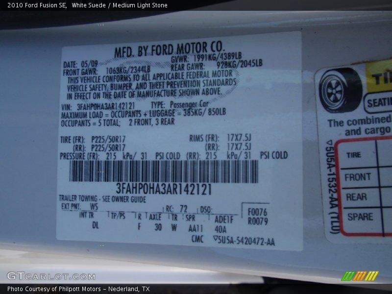 White Suede / Medium Light Stone 2010 Ford Fusion SE