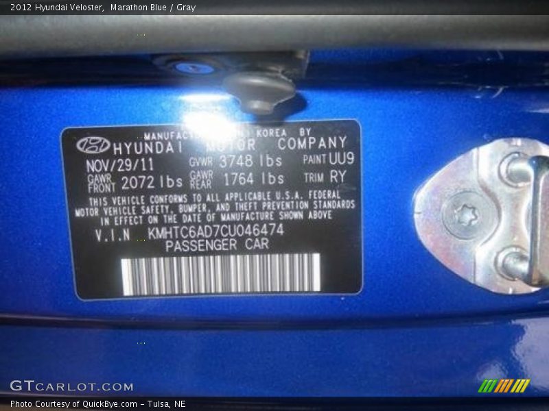 Marathon Blue / Gray 2012 Hyundai Veloster