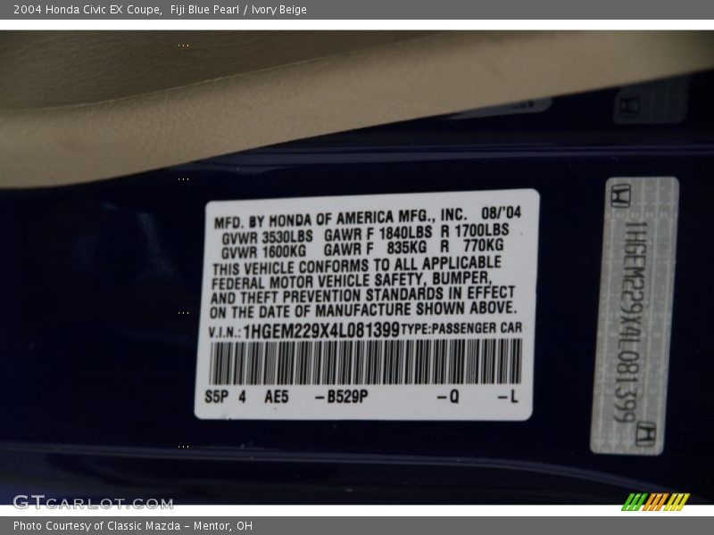 Fiji Blue Pearl / Ivory Beige 2004 Honda Civic EX Coupe