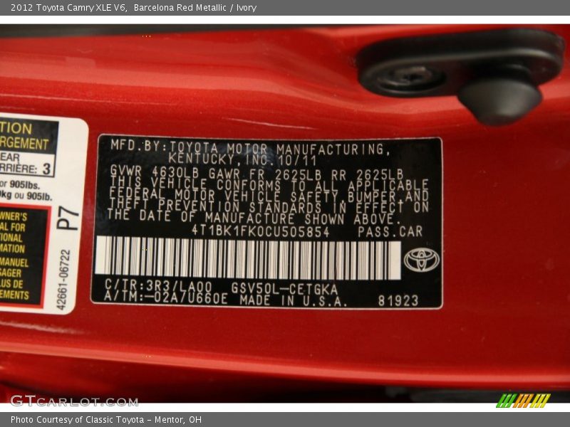 Barcelona Red Metallic / Ivory 2012 Toyota Camry XLE V6
