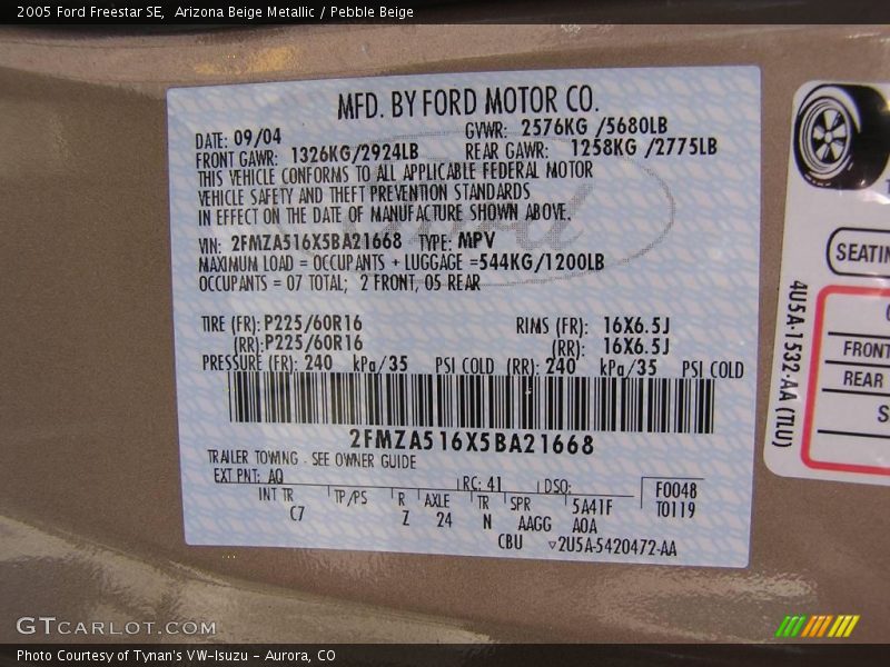 Arizona Beige Metallic / Pebble Beige 2005 Ford Freestar SE