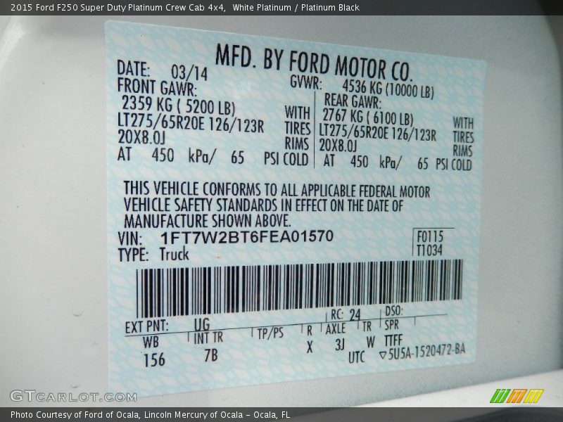 2015 F250 Super Duty Platinum Crew Cab 4x4 White Platinum Color Code UG
