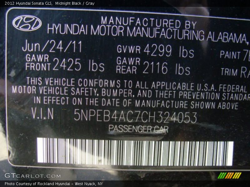 Midnight Black / Gray 2012 Hyundai Sonata GLS