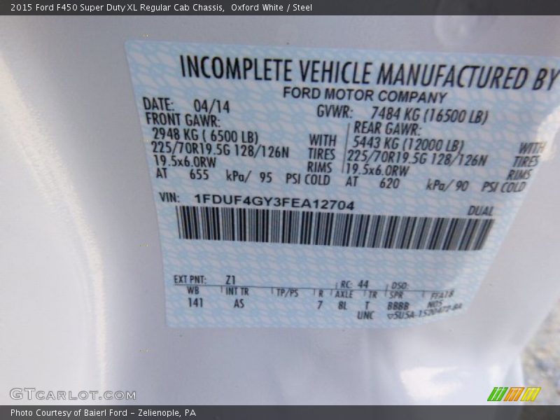 2015 F450 Super Duty XL Regular Cab Chassis Oxford White Color Code Z1