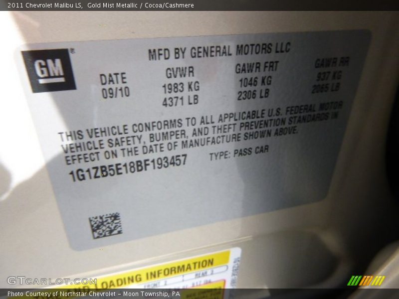 Gold Mist Metallic / Cocoa/Cashmere 2011 Chevrolet Malibu LS