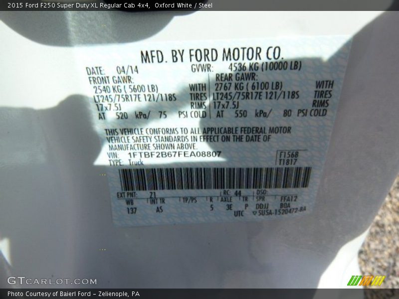 2015 F250 Super Duty XL Regular Cab 4x4 Oxford White Color Code Z1
