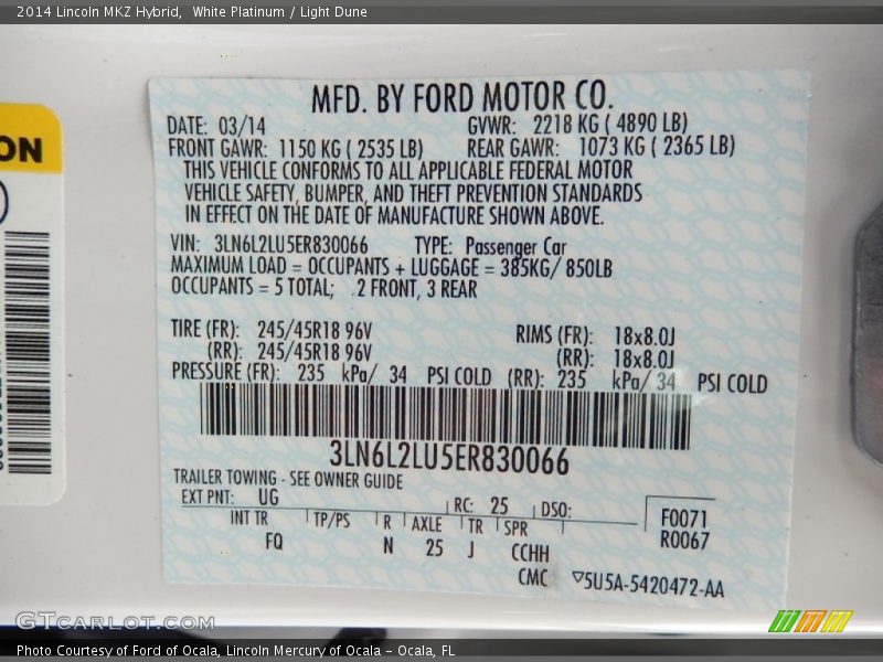White Platinum / Light Dune 2014 Lincoln MKZ Hybrid