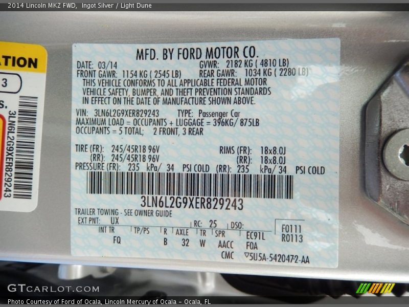 Ingot Silver / Light Dune 2014 Lincoln MKZ FWD
