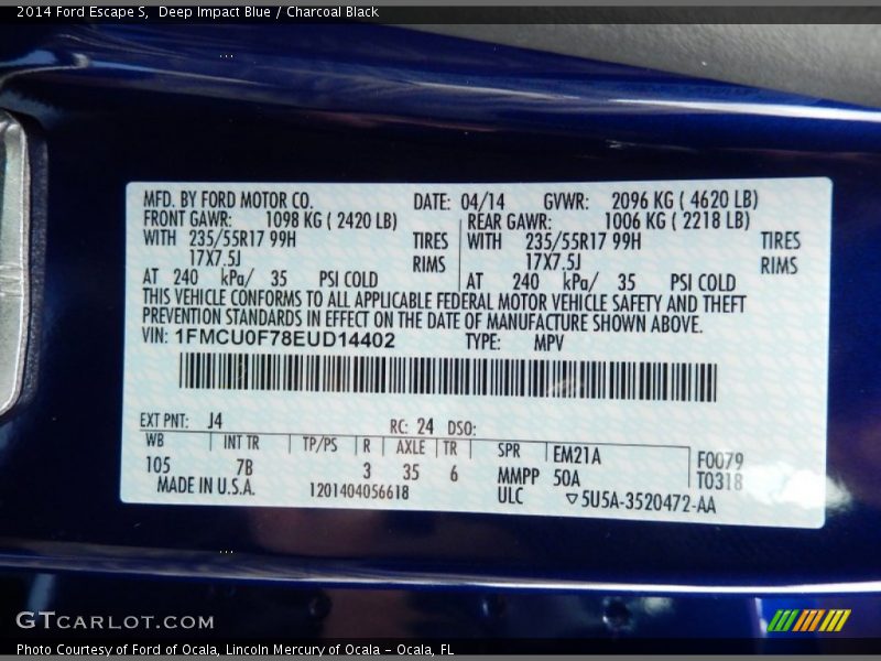Deep Impact Blue / Charcoal Black 2014 Ford Escape S