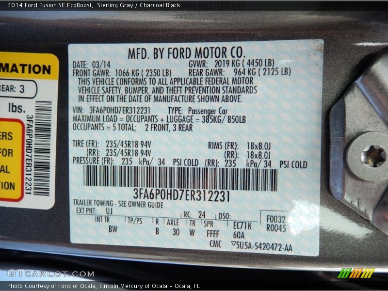 Sterling Gray / Charcoal Black 2014 Ford Fusion SE EcoBoost