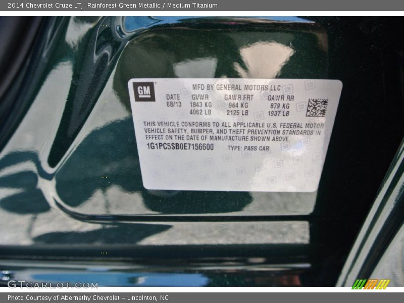 Rainforest Green Metallic / Medium Titanium 2014 Chevrolet Cruze LT