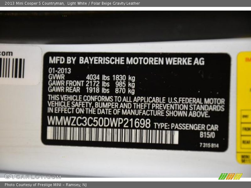 Light White / Polar Beige Gravity Leather 2013 Mini Cooper S Countryman