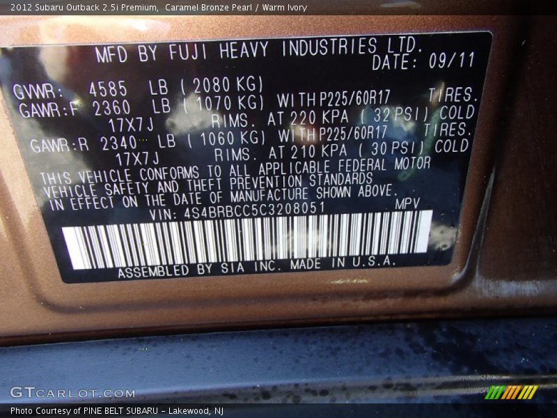Caramel Bronze Pearl / Warm Ivory 2012 Subaru Outback 2.5i Premium
