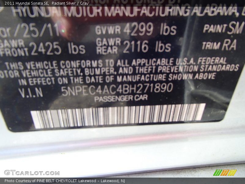 Radiant Silver / Gray 2011 Hyundai Sonata SE