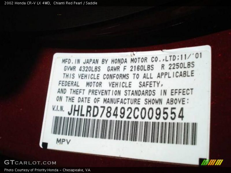Chianti Red Pearl / Saddle 2002 Honda CR-V LX 4WD