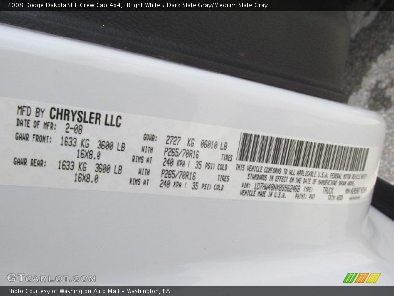 Bright White / Dark Slate Gray/Medium Slate Gray 2008 Dodge Dakota SLT Crew Cab 4x4