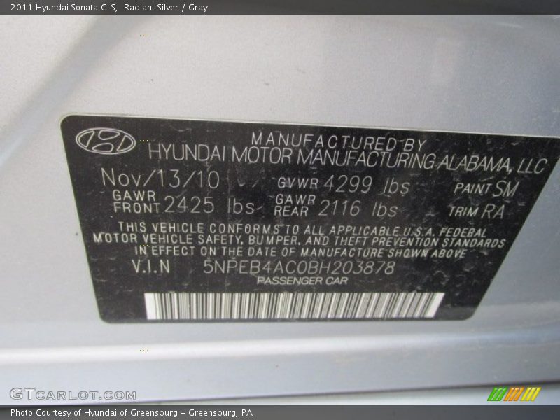 Radiant Silver / Gray 2011 Hyundai Sonata GLS