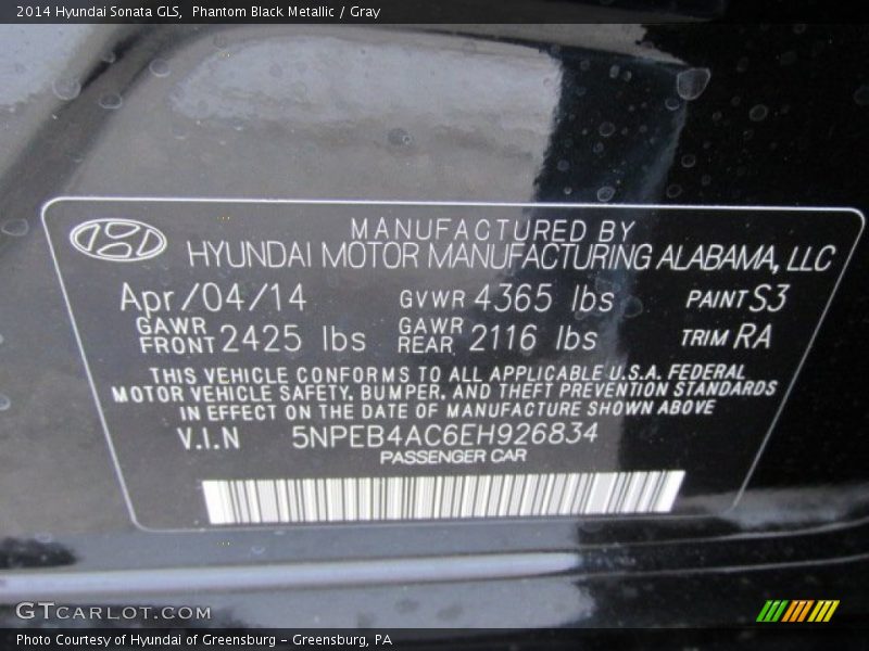 Phantom Black Metallic / Gray 2014 Hyundai Sonata GLS