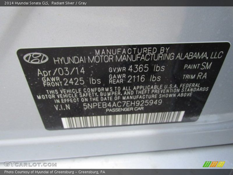 Radiant Silver / Gray 2014 Hyundai Sonata GLS