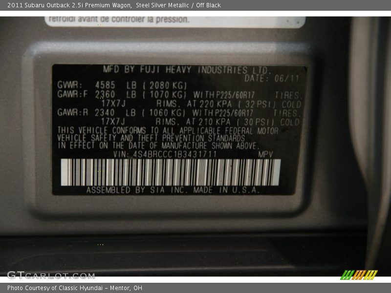 Steel Silver Metallic / Off Black 2011 Subaru Outback 2.5i Premium Wagon