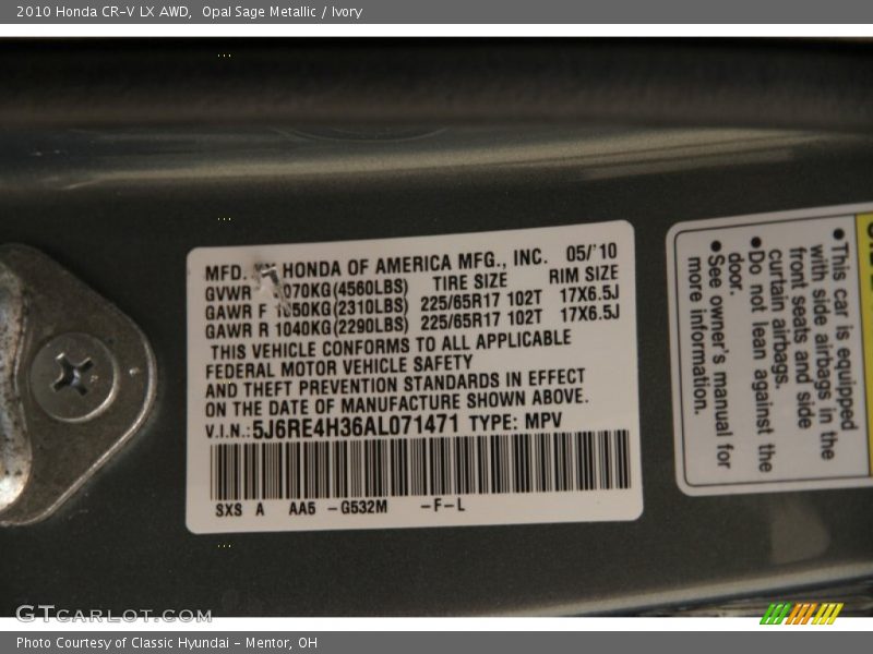 Opal Sage Metallic / Ivory 2010 Honda CR-V LX AWD