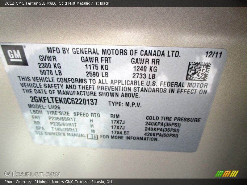 Gold Mist Metallic / Jet Black 2012 GMC Terrain SLE AWD